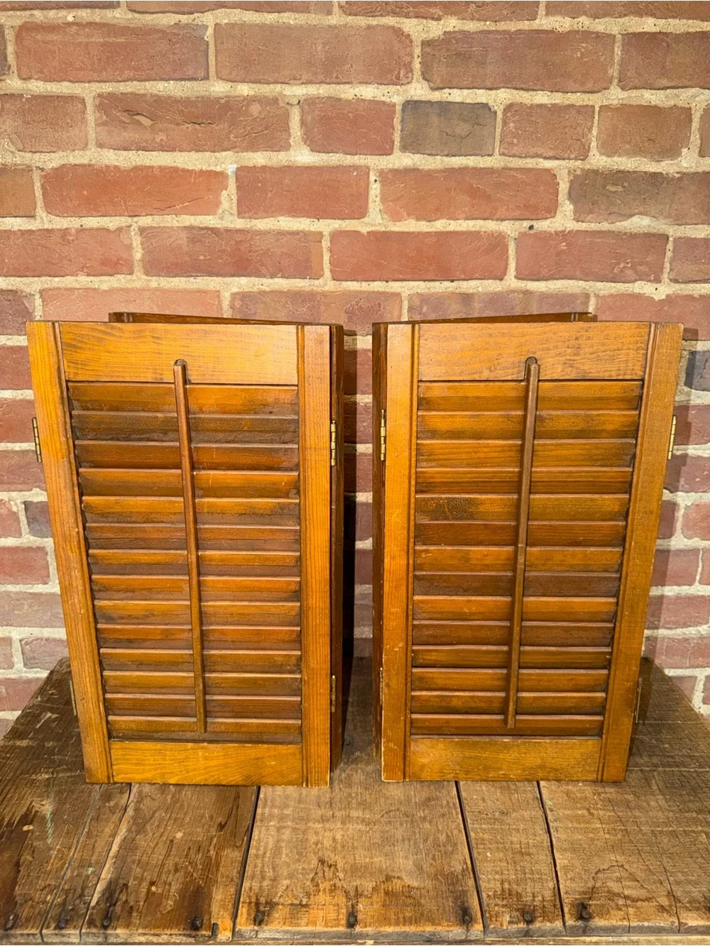 Vintage Wooden Louvered Window Shutters - Warm Brown Miniature Pair Rustic